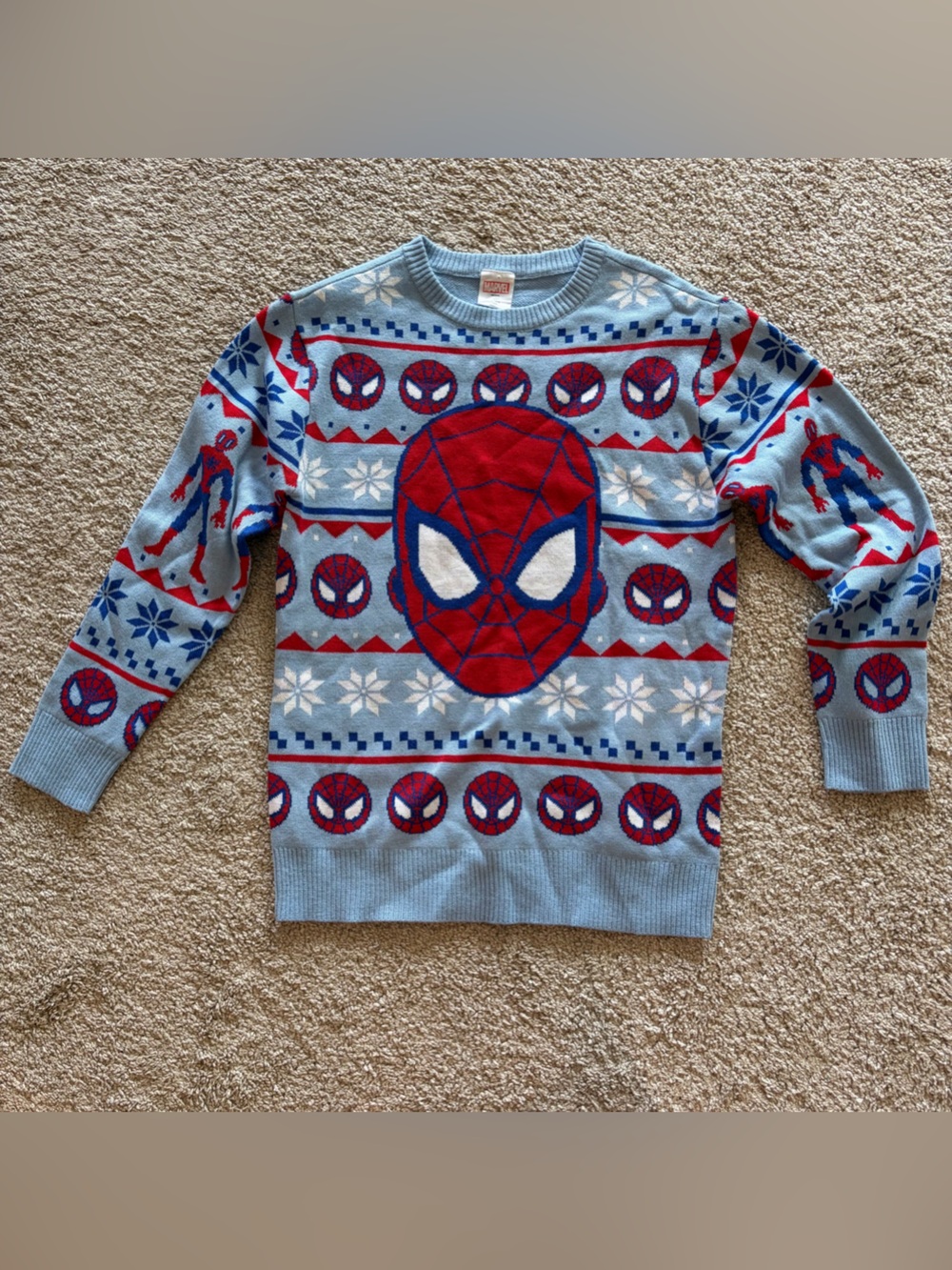 Marvel Spider Man Light Blue and Navy Knit Holiday Sweater
